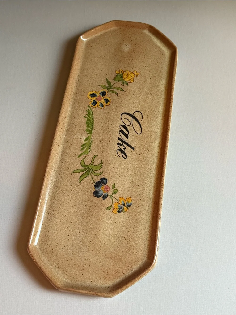 Vintage Ceramic Cake Serving Platter with Floral Motif - Tan